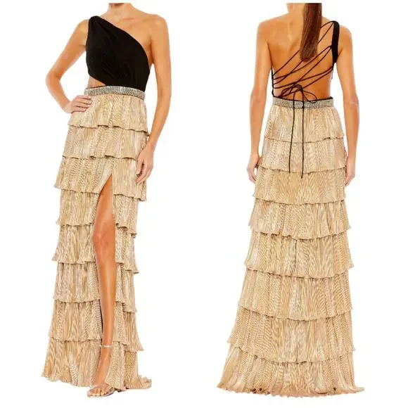 Mac Duggal | Dresses | Mac Duggal Nwt Black Gold Tiered One Shoulder Gown  Rhinestone Waist Size 4 | Poshmark